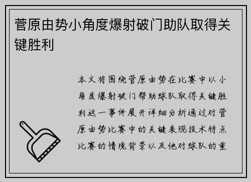 菅原由势小角度爆射破门助队取得关键胜利