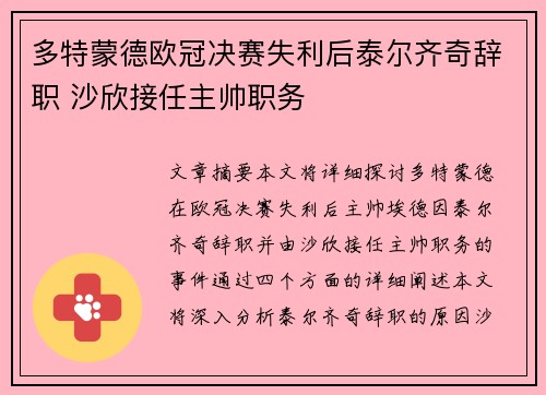 多特蒙德欧冠决赛失利后泰尔齐奇辞职 沙欣接任主帅职务 多特蒙德欧冠决赛失利后泰尔齐奇辞职 沙欣接任主帅职务