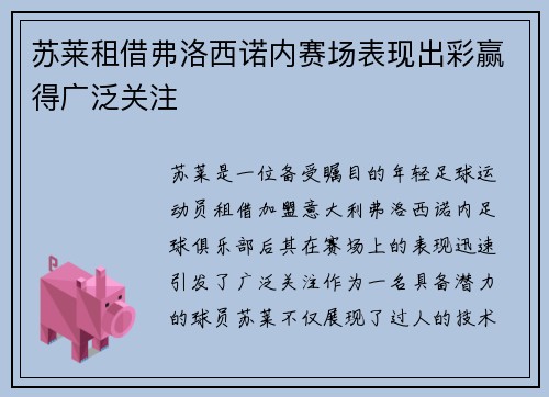 苏莱租借弗洛西诺内赛场表现出彩赢得广泛关注